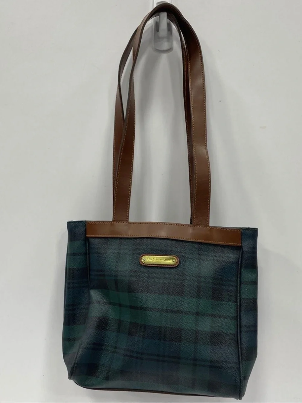 Vintage Polo Ralph Lauren blackwatch tartan navy green Plaid Tote Brown Leather